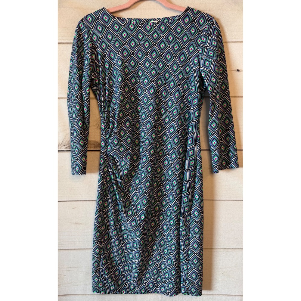 Jude Connally Dress Womens S Blue Green Geometric Diamond 3/4 Sleeve Sheath 171